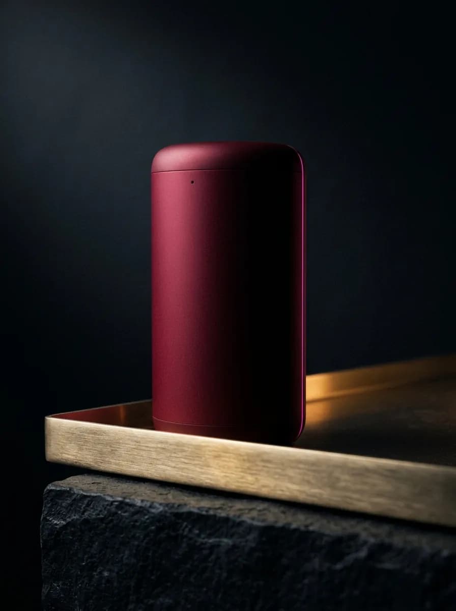 Premium node — crimson LINKER device on a gold tray